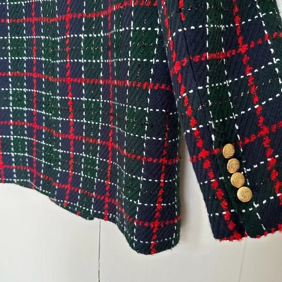ZARA Tweed Plaid Double Breasted Blazer Green Red Gold Buttons - Picture 14 of 14